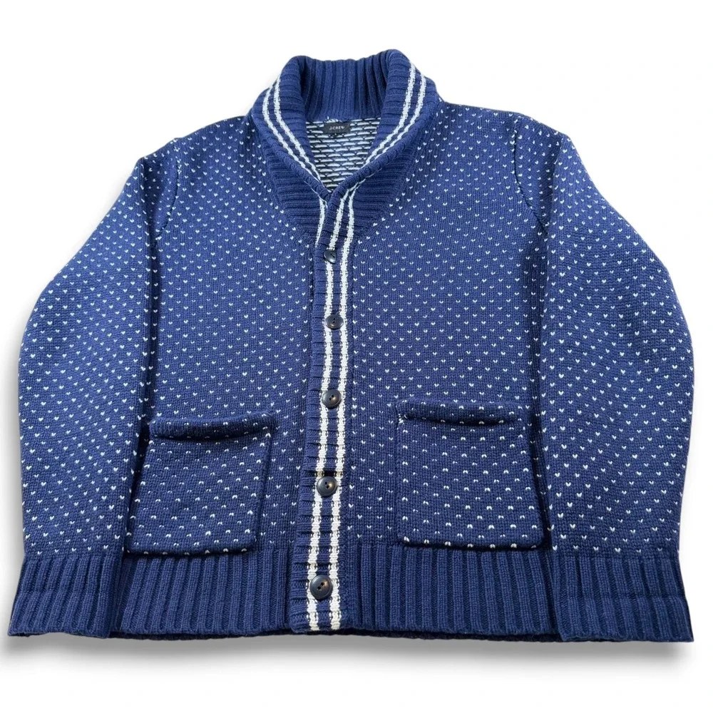 J.Crew Merino Wool Birdseye Shawl Collar Cardigan Mens Large Navy Blue